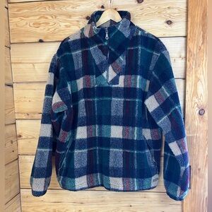 Vintage Mens Large Plaid Fleece Jacket Green Quarter Zip Camping Fishing Hunting